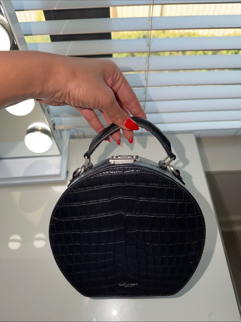 Yves Saint Laurent Black Croc-Embossed Mini Top-Handle Bag - Picture 4 of 6